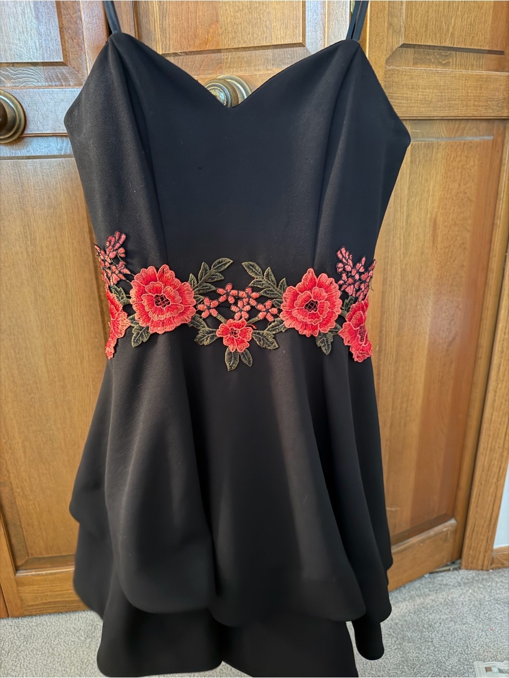 B Darlin Black Formal Dress with Red Floral Embroidery